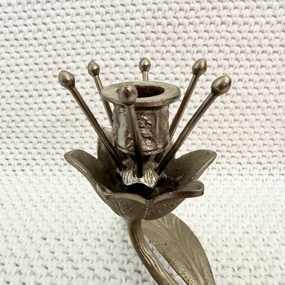 Vintage Unmarked Pewter Hollywood Regency MCM Lotus Flower Candle Holder Ornate - Picture 6 of 6